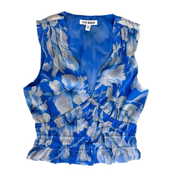 Steve Madden Blue Floral Smocked Crop Top Sleeveless Ruched Blouse Size XS - Picture 6 of 10